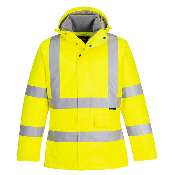 Eco-friendly yellow high-visibility winter jacket a sustainable and protective outerwear solution.