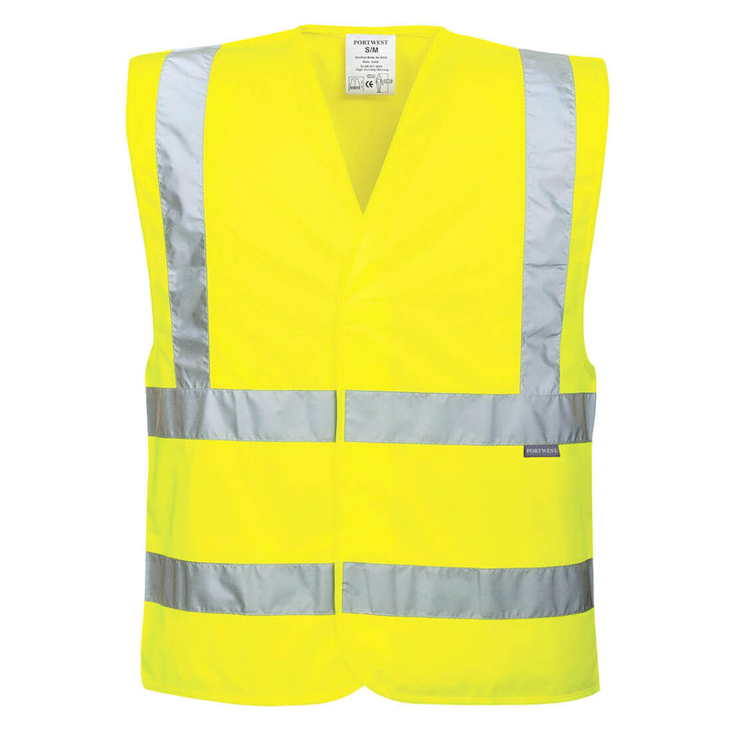 Eco-friendly yellow high-visibility vest sold in a 10-pack for collective safety solutions.