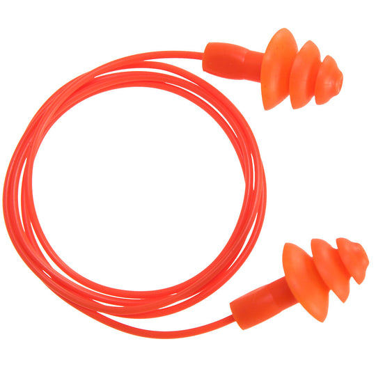 Portwest EP04 reusable corded orange TPR ear plugs.