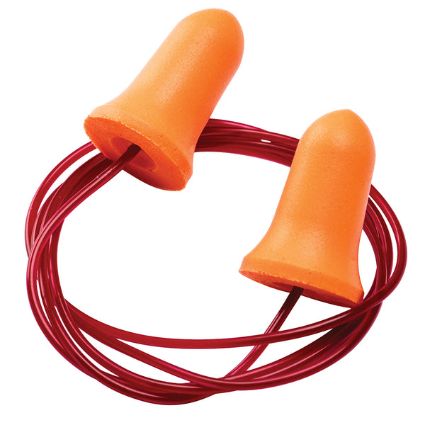 Orange bell-shaped Portwest EP09 corded PU foam ear plugs for comfort.