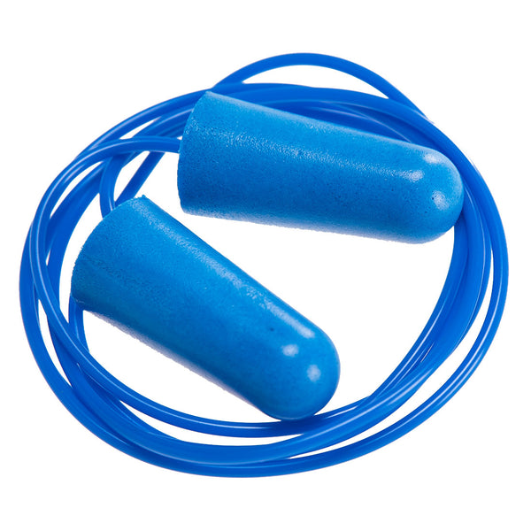 Blue Portwest EP30 detectable corded PU foam ear plugs.