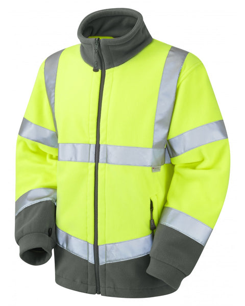 Leo Workwear Hartland yellow hi-vis fleece for warmth, comfort, and improved worker safety