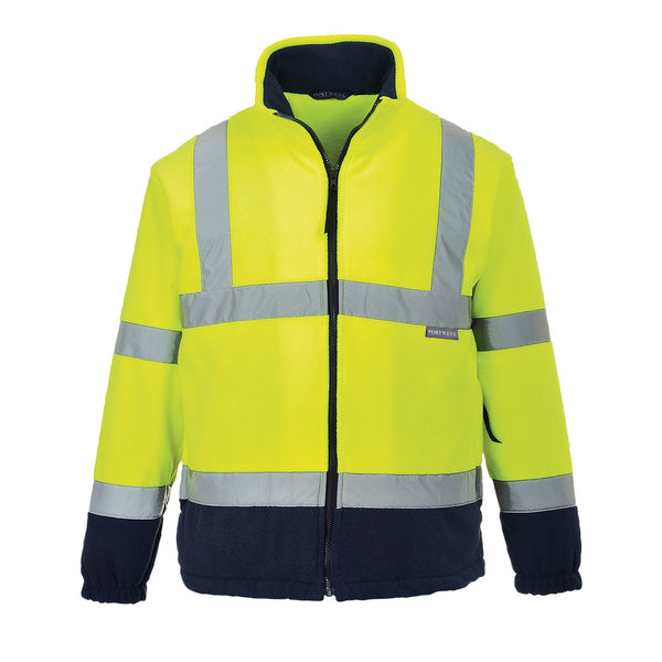 Yellow high-visibility Portwest Contrast Fleece with navy accents combining safety with durability.