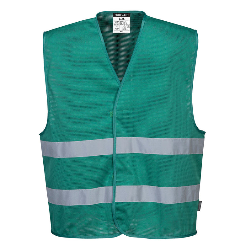 Green Portwest Meshaire Iona Vest with reflective tape designed for breathability and visibility.