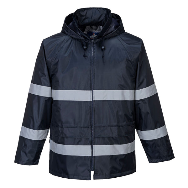 Navy blue Portwest Classic Iona Rain Jacket designed for rain protection and enhanced visibility.