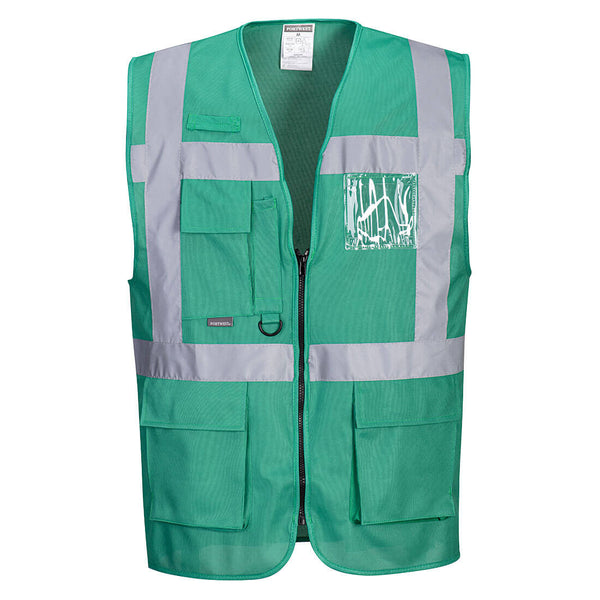 Green Portwest Iona Executive Vest with pockets and reflective strips for enhanced visibility.