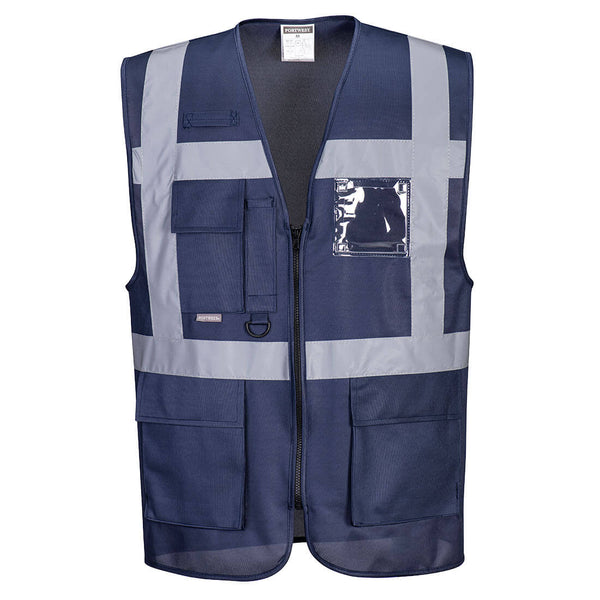 Navy blue Portwest Iona Executive Vest combining practical storage with reflective safety features.