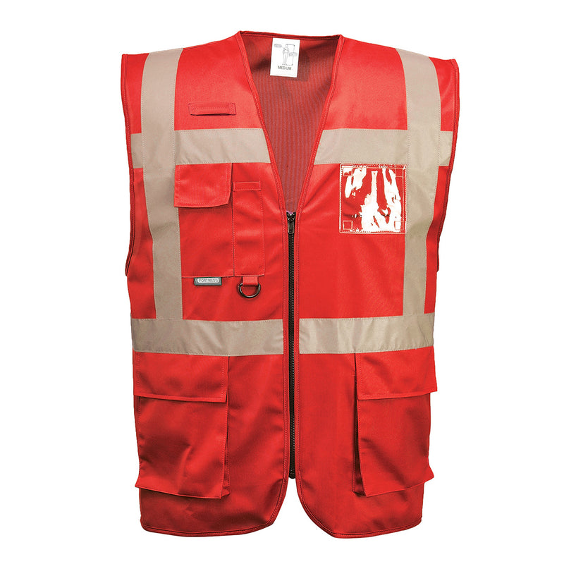 Red Portwest Iona Executive Vest ensuring high visibility and convenient access to tools.