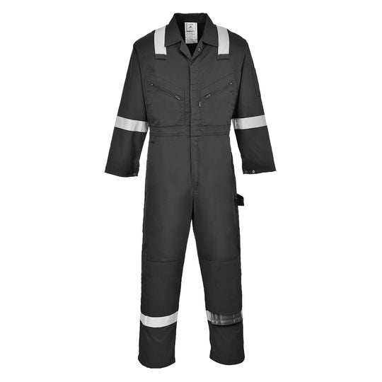 Black Portwest Iona Coverall providing full-body protection with reflective accents.