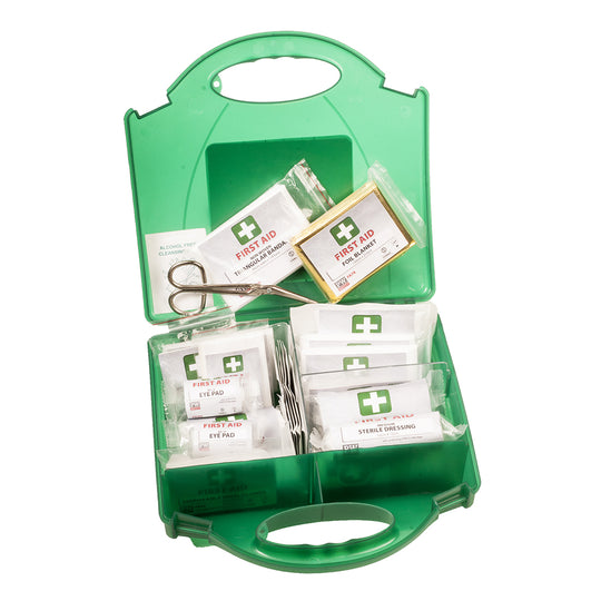 Green Portwest FA10 first aid kit box for 25 persons in the workplace.
