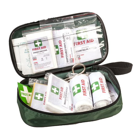 Portwest FA22 vehicle first aid kit in a green pouch for up to 8 people.