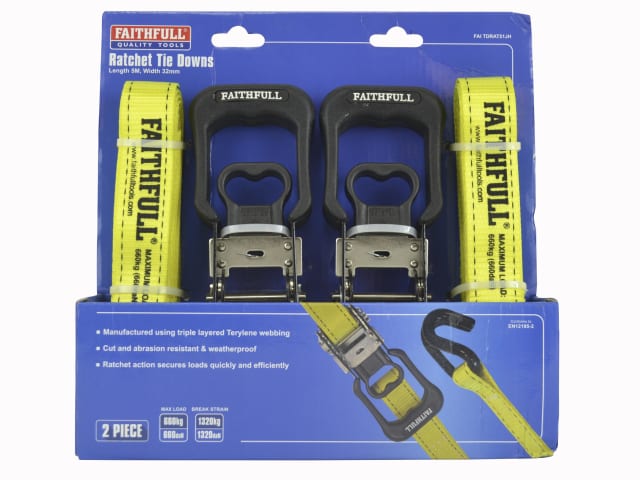 Faithfull Ratchet Tie-Downs J-Hook 5m x 32mm Breaking Strain 1320kg/daN 2 Piece