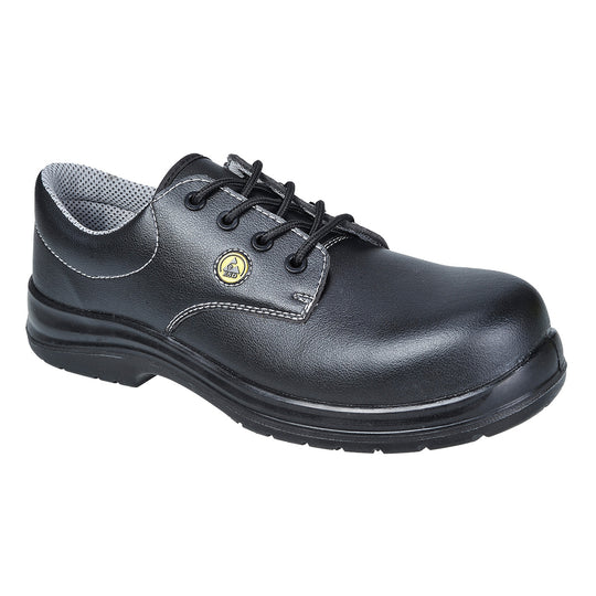 Black ESD laced safety shoe with composite toe and slip-resistant sole