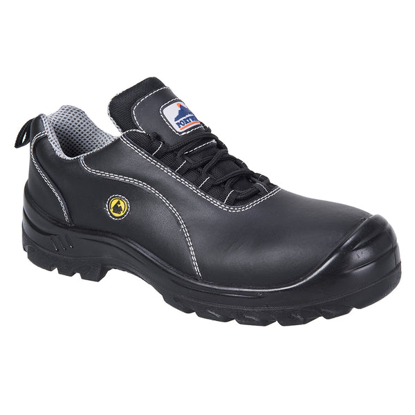 Black leather ESD safety shoe with lace-up design and reinforced toe