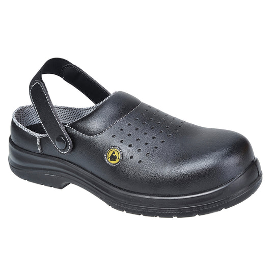Black ESD perforated safety clog with slip-on style and ventilation holes