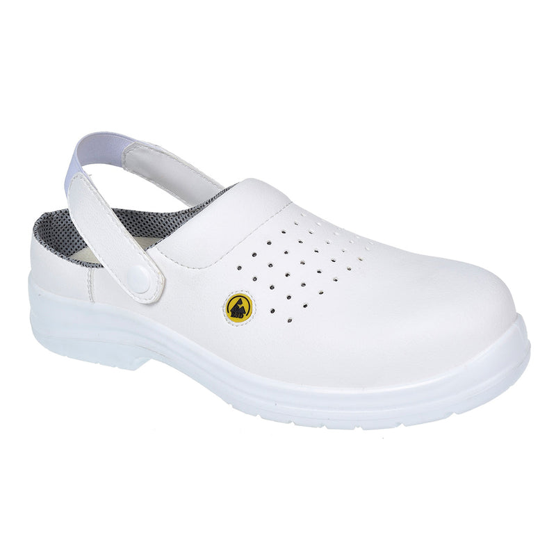 White ESD perforated safety clog with slip-on fit and breathable design