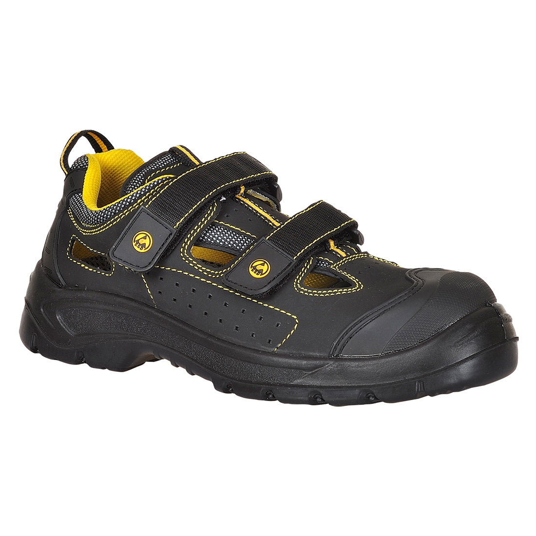 Black ESD safety sandal with open sides, adjustable straps, and rugged sole