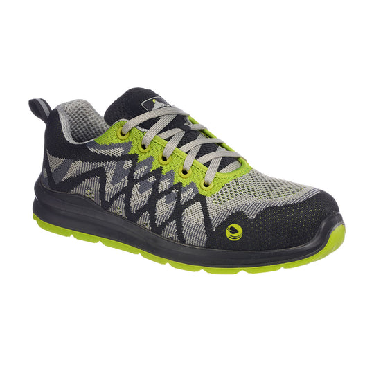 Black and yellow eco safety trainer with mesh panels and reinforced toe