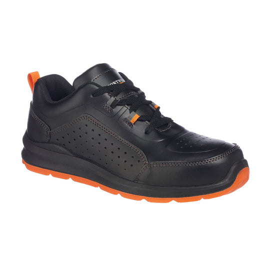 Black perforated safety trainer with lace-up front and mesh panels