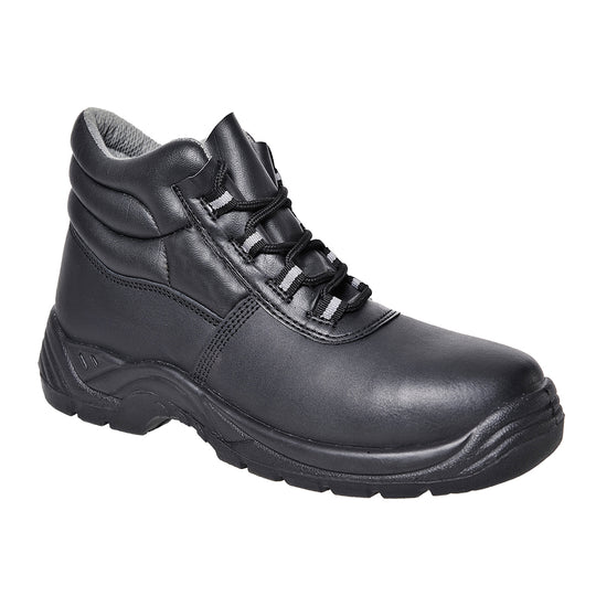 Black safety boot with reinforced toe, lace-up front, and rugged sole