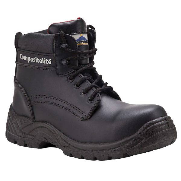 Black composite toe safety boot with slip-resistant sole and reinforced stitching