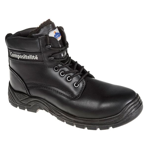 Black safety boot with fur lining, composite toe, and rugged slip-resistant outsole