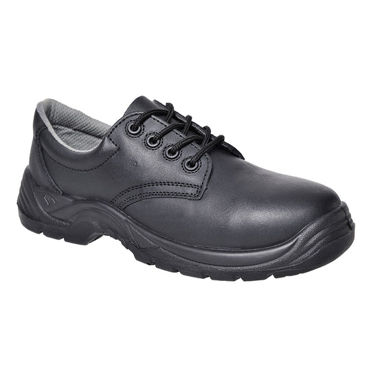 Black low-cut safety shoe with composite toe and breathable mesh panels