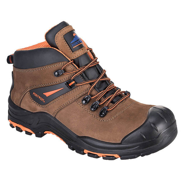 Brown hiker-style safety boot with padded collar and sturdy slip-resistant sole