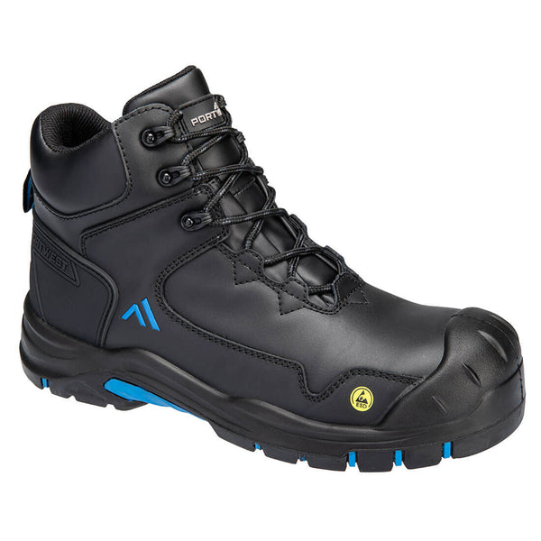 Black mid-cut safety boot with blue accents and ESD protection