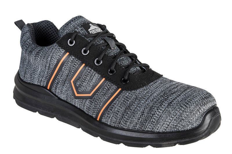 Grey safety trainer with composite toe and breathable mesh upper
