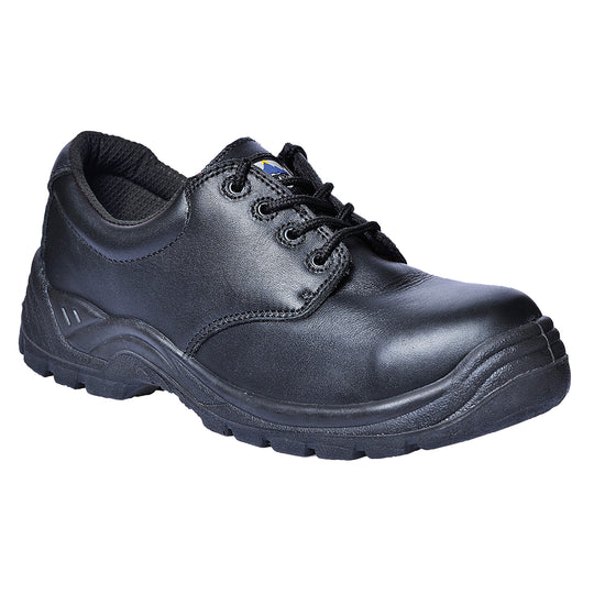 Black composite toe safety shoe with reinforced toe and slip-resistant sole
