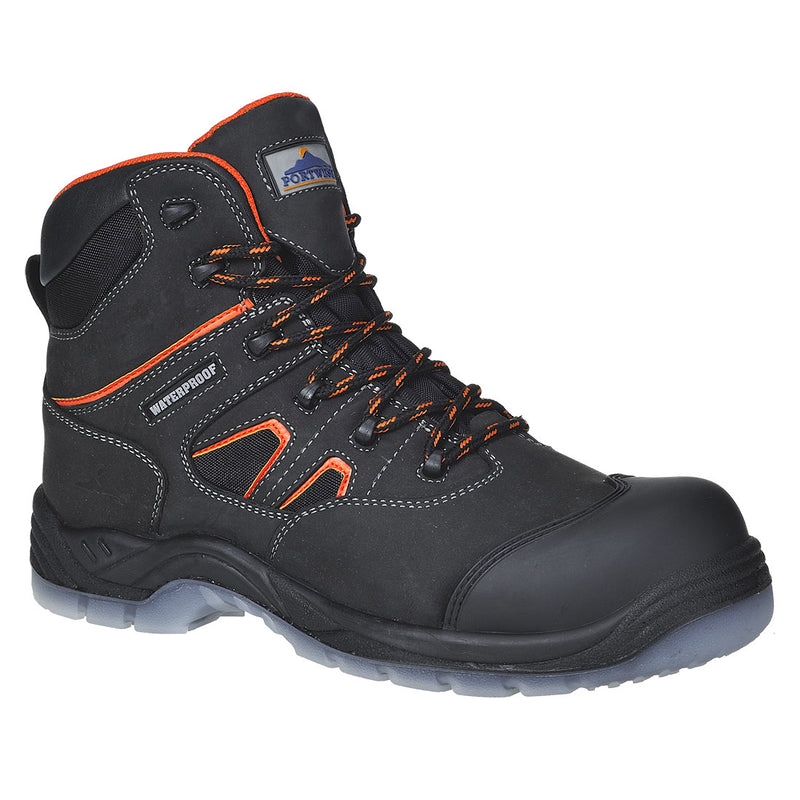 Black waterproof safety boot with composite toe and rugged tread