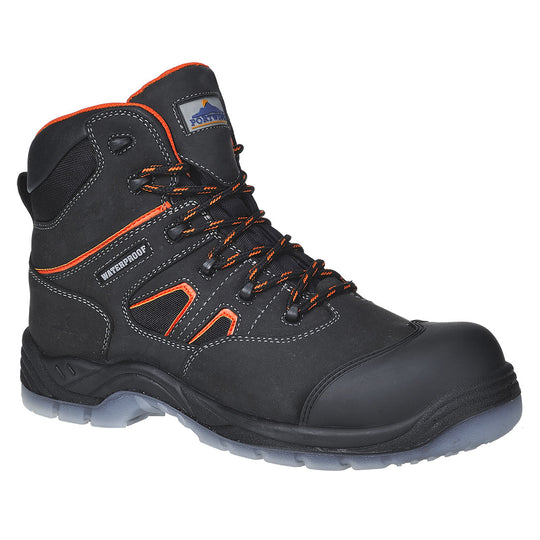 Black waterproof safety boot with composite toe and rugged tread