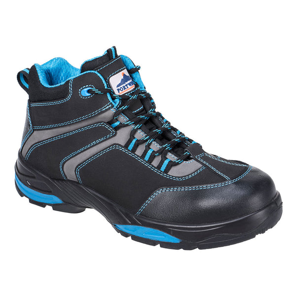 Blue high-cut safety boot with composite toe and durable sole
