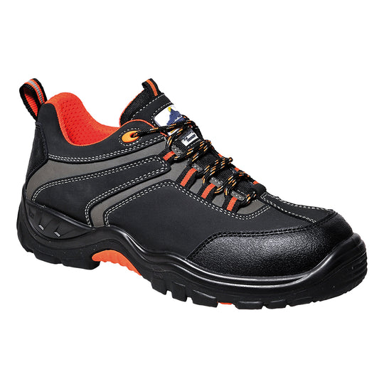 Black composite toe safety shoe with reinforced heel and anti-slip sole