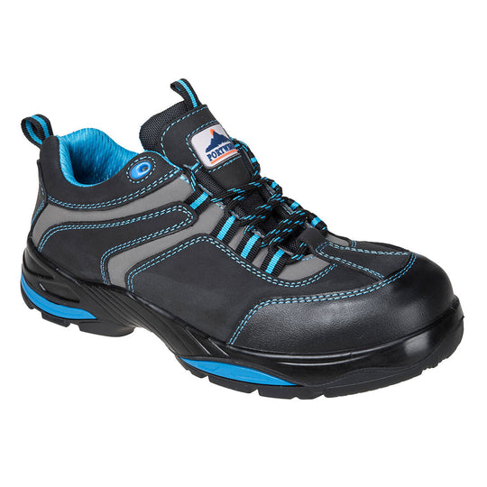 Blue composite toe safety shoe with breathable panels and durable sole