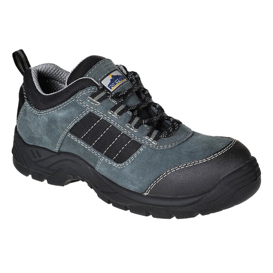 Black low-cut safety shoe with composite toe and rugged outsole