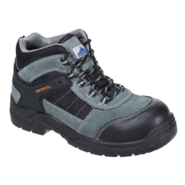Black trekking safety boot with composite toe and reinforced stitching