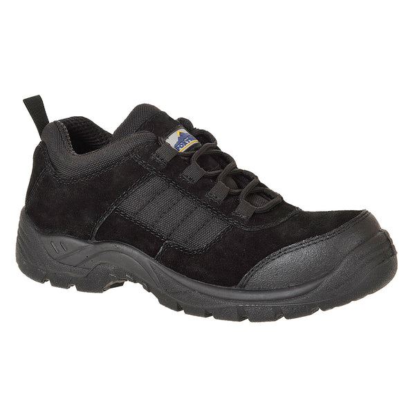Black composite toe safety shoe with lace-up front and padded collar