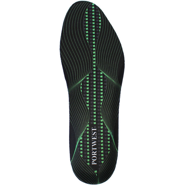 Green and black gel insole with arch support for shock absorption