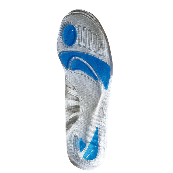Grey gel insole with ergonomic arch support and gel cushioning for enhanced comfort in work boots.