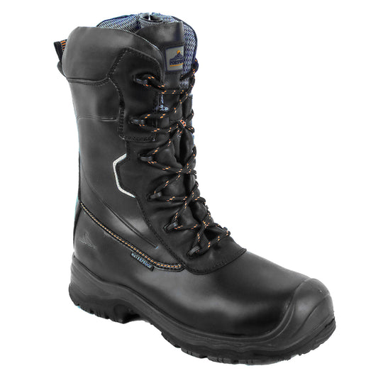 Black 10-inch safety boot with composite toe, waterproof upper, and rugged outsole