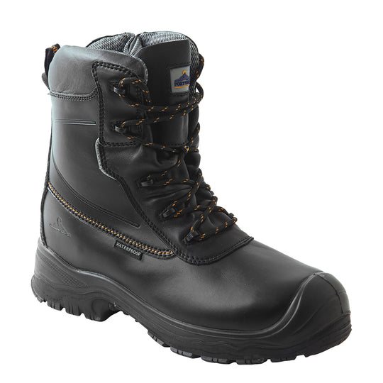Black 7-inch safety boot with rugged sole, reinforced toe, and water-resistant leather upper.