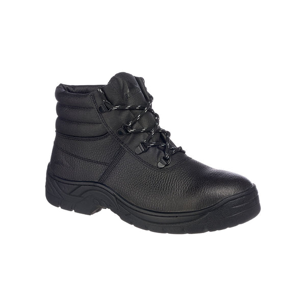 Black Steelite Protector Plus boot with padded ankle, slip-resistant sole, and steel toe cap.