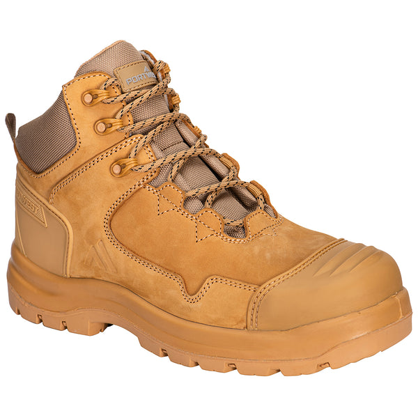 Wheat-colored mid-cut safety boot with durable leather upper and slip-resistant outsole.