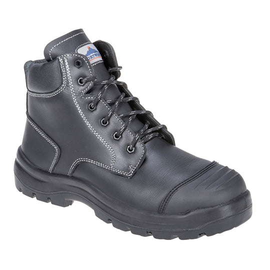 Black Clyde safety boot featuring reinforced toe cap, padded collar, and heat-resistant sole.