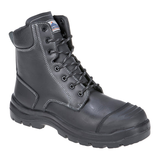 Black Eden safety boot with reinforced toe, high ankle support, and heat-resistant outsole.