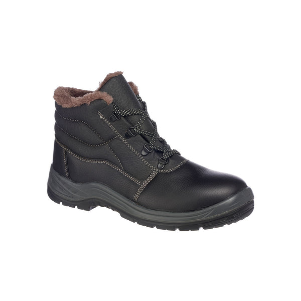 Black Steelite Kumo boot with warm fur lining, steel toe, and slip-resistant sole for cold weather.