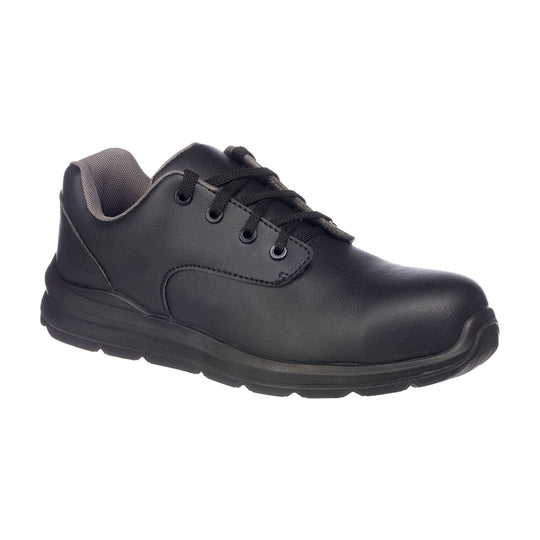 Black laced safety shoe with composite toe, breathable mesh panels, and cushioned collar.