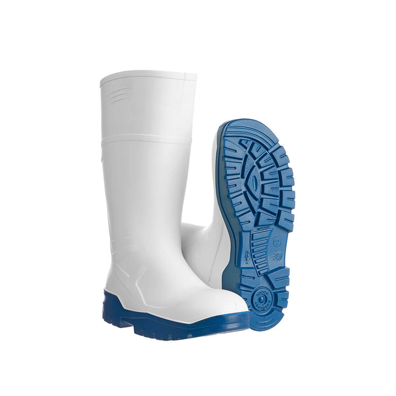 White PU food wellington boot with reinforced toe and easy-clean waterproof construction.